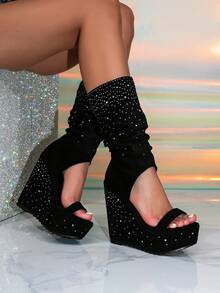 Women's Full Rhinestone Slouchy Wedge Sandals, Open Toe Single Strap Faux Suede Platform Shoes, Non-Slip Sole, Height-Increasing Slimming, Suitable For Nightclub, Party, Stage, Photography Scenes - Black - View 5
