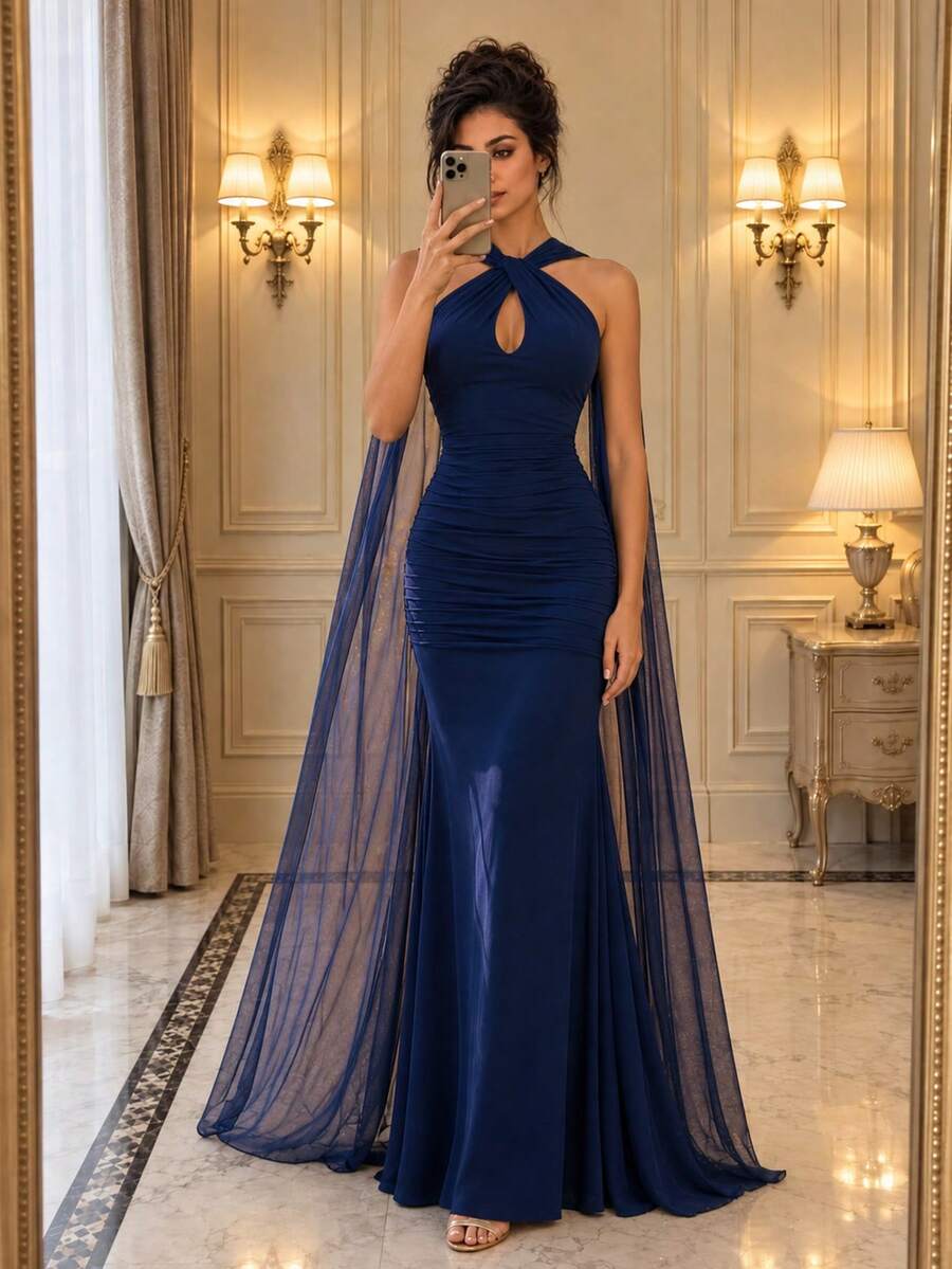 MIUSOL Halter Keyhole Neckline Mesh Sleeveless Ruched Mermaid Hem Formal Party Long Dress, Formal Evening Gown, Suitable For Wedding Guests, Graduation Ceremony, Dinner - Navy Blue - View 1