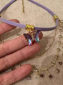 1pc Multi-Layer Stacked Necklace Purple Butterfly Sweet Cool Chain Choker Neck Chain, Suitable For Girls' Daily Wear Or Party Wear - Multi-color 2 - View 3
