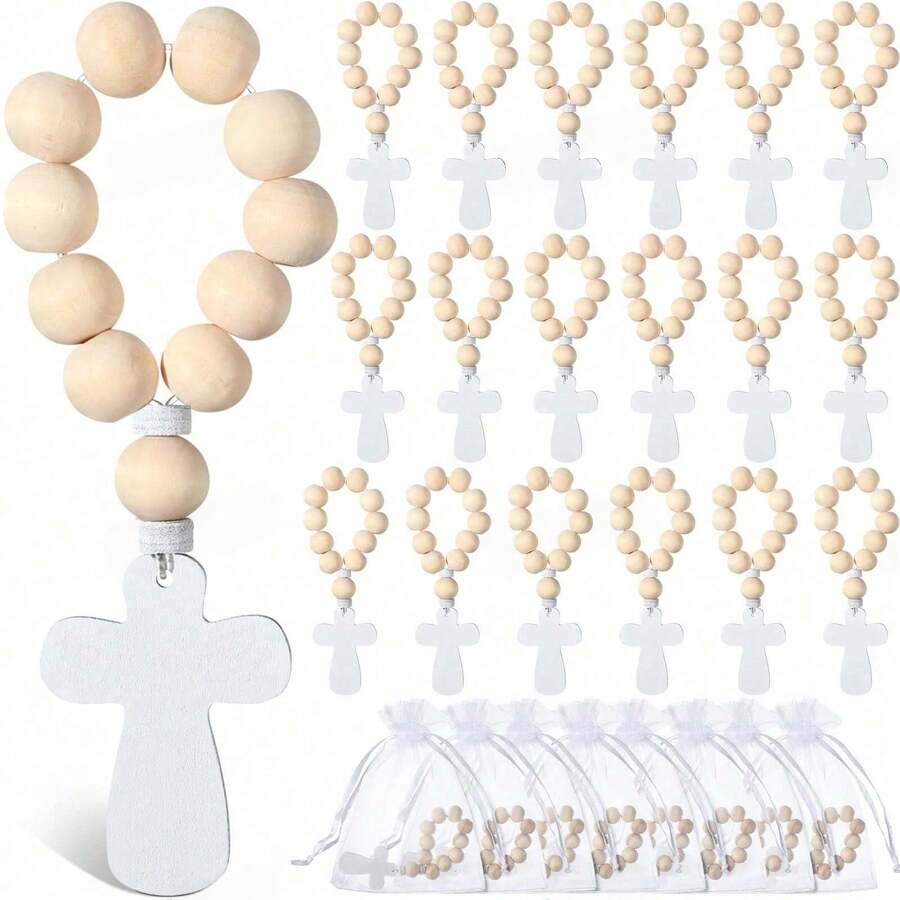 20pcs Wooden Catholic Prayer Beads Bulk Wooden Cross Pendant Beads With ...