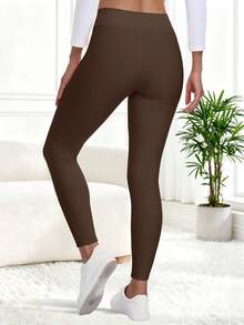 Women Fleece Lined Sports Leggings High Waisted Tummy Control Thermal Velvet Winter Pants - Brown - View 3