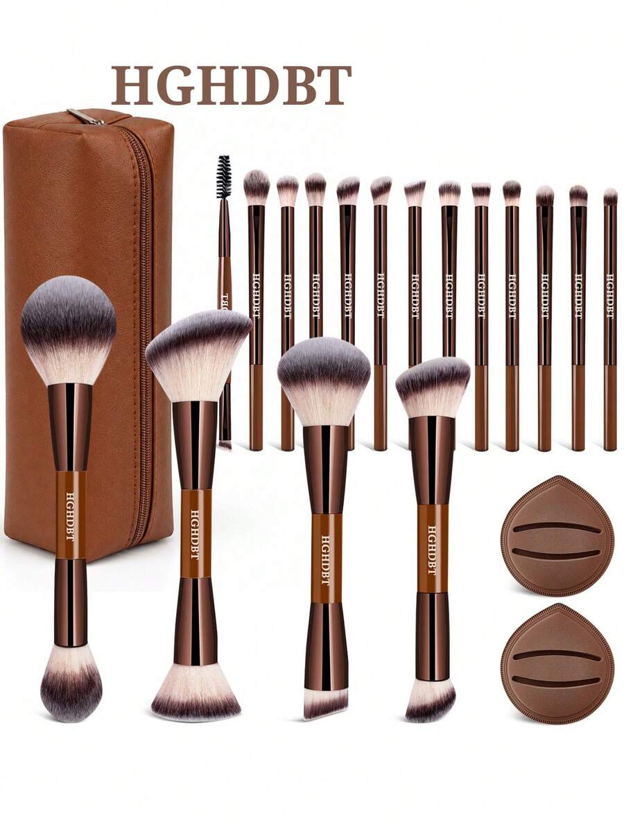 HGHDBT 20Pcs Professional Makeup Brush Set With Storage Bag - Double-Ended Foundation & Blush/Eyeshadow Brushes Suitable For Skin Types, Gift For Women, Beginners, Daily Beauty Tools - Brown - View 1