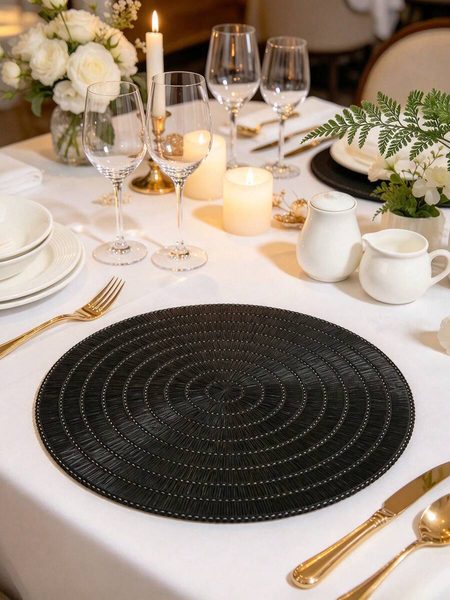 1/4/6pcs PVC Placemats For Kitchen Dining Table, Indoor/Outdoor, Washable, Heat Resistant, Easy To Clean, Suitable For Camping, Holidays, Weddings, Parties - Black - View 1