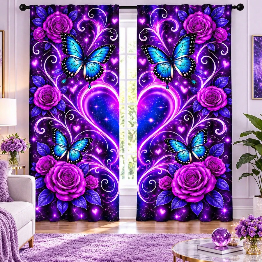 2 rèm vải polyester lọc sáng, họa tiết in hoa hồng tím bướm xanh bầu trời sao hình trái tim, thiết kế túi treo thanh rèm, phù hợp cho phòng ngủ, phòng khách, văn phòng và trang trí nhà cửa, dùng cho lắp thanh rèm - Nhiều màu - Xem 1