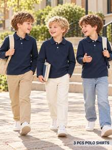 3pcs/Set Unisex Kids Classic Royal Blue Long Sleeve Polo Shirts, School Uniform Tops For Back To School, Suitable For Daily Wear, Performances And Group Activities - Royal Blue - View 2