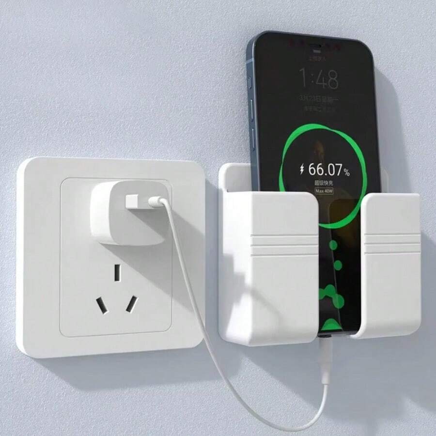 1 pieza Soporte de pared para carga de teléfono móvil, caja de almacenamiento multifuncional creativa para control remoto, estante contenedor para mesita de noche para carga y decoración de la habitación - Blanco - Ver 1