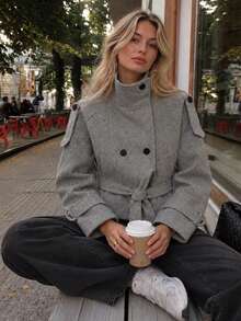 Women Stand Collar Double Breasted Self Tie Belt Cropped Wool Blend Coat, Long Sleeve Solid Gray Outerwear For Fall Winter - Grey - View 7