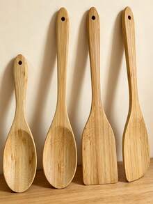1/4pcs Bamboo Spatula Non-Stick Pot Kitchen Utensil Set, Unpainted Long Handle Bamboo Stir-Fry Spatula, Bamboo Frying Spatula, Rice Spoon - Mustard Yellow - View 14