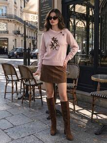 DONICY Fall Clothes For Women Asymmetric Collar Knit Sweater Floral Jacquard Long Sleeve Pullover - Pink - View 6
