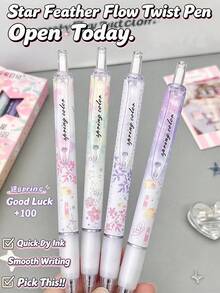 1/4pcs Star Feather Flowing Light Fresh Floral Butterfly Retractable Neutral Pens, 0.5mm ST Tip Quick-Dry Black Ink, Floral Highly Attractive Student Planner & Exam Pen, Office & Study Stationery, Back To School Gift For Friends - Sets - View 2
