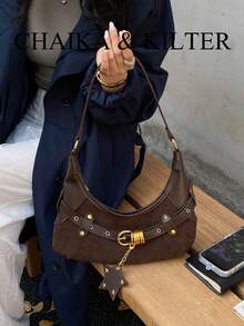 1pc Minimalist Fashion Buckle Design Suede Fabric Shoulder Bag, Suitable For Commuting, Shopping And More - Coffee - View 11