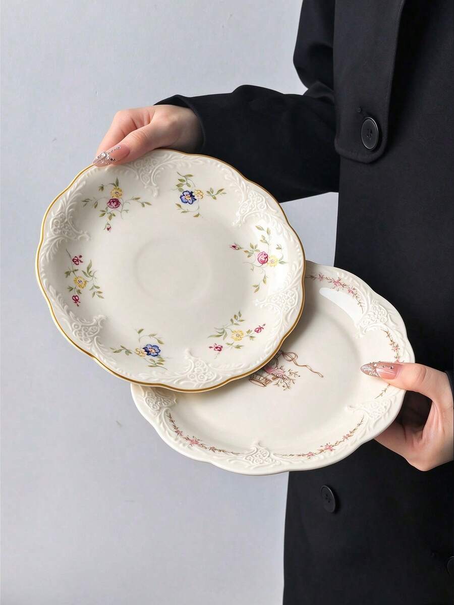 1pc French Vintage Embossed Floral Ceramic Plate With Gold Rim, Western Style Dinner Plate For Dessert, Salad, Steak, Home Use