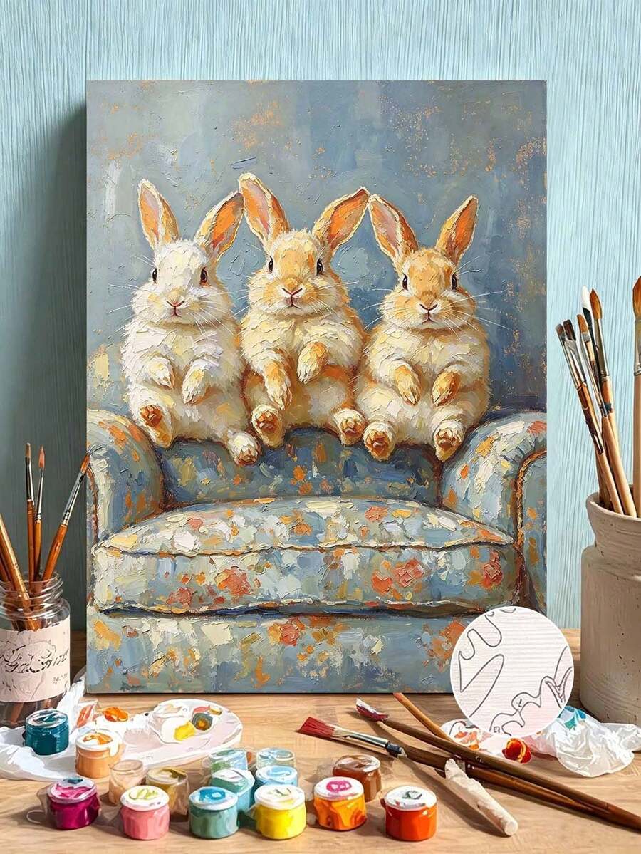 DIY Paint By Numbers Kit, Three Cute Bunnies On Sofa Canvas Painting, Unframed Home Wall Decor Art - A - View 1