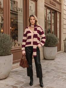 NiceArt Women's Autumn Vintage Burgundy V-Neck Striped Contrast Color Knit Cardigan With Matching Scarf, Suitable For Winter Wear, Christmas, Dating - Multicolor - View 3