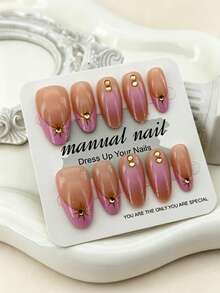 10pcs Handmade Apricot Nude Blush Octagonal Starburst Gold Mirror Powder 3D French Cute Minimalist Fashion High-End Fake Nails - Multicolor - View 5