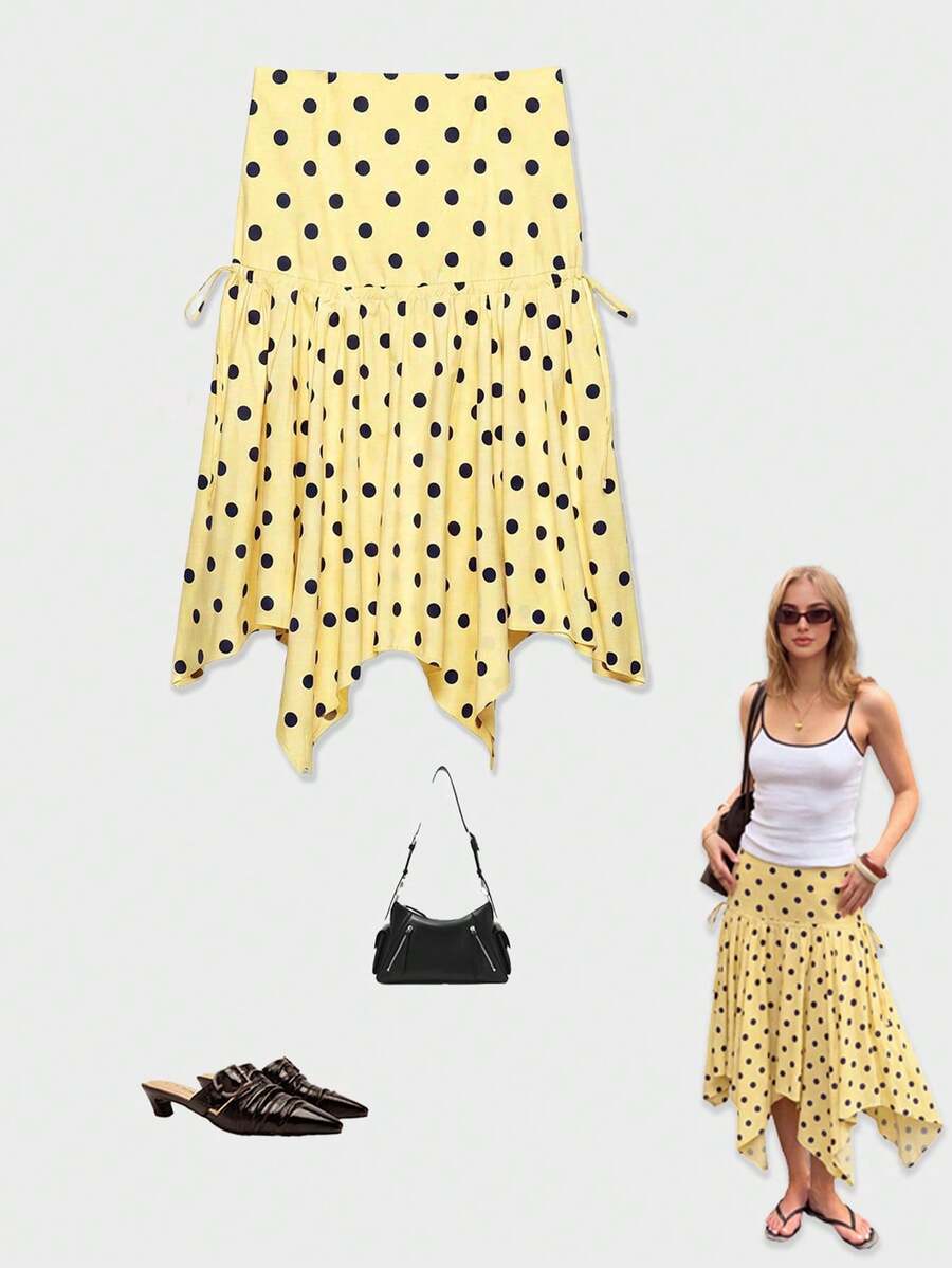 YROOE Women's Spring/Summer French Vintage Polka Dot Midi Skirt, Fitted Drawstring Flare Skirt Vacation - Multicolor - View 1