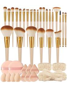 40Pcs/25Pcs Beige Makeup Brushes Makeup Tool Set With Beauty Sponges Triangle Puff Air Cushion Puff Wristband Headband Professional Cosmetic Brushes Kit For Beginners - Beige - View 9