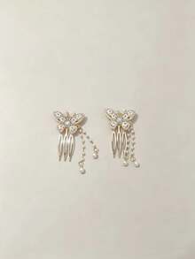 1/2pcs Sparkling Rhinestone Butterfly Hair Comb With Double Layer Pearl Pendant Tassel Hair Accessory, Women's Updo Fixing Tool, Gentle Atmosphere Versatile Hair Pin - Multicolor - View 3