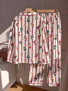 Christmas Print Women's Long Sleeve Long Pants Bubble Crinkle Pajama Set - Red - View 3