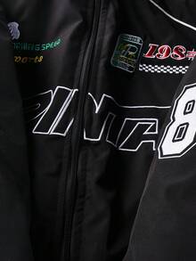 Women's Winter Outdoor Jacket, Casual Racing Style Women's Jacket, Embroidered Pattern Design, Street Sports Autumn Jacket, Gym Jacket Outfit, Christmas Gift For Girlfriend, Loose Fit Women's Jacket - Black - View 3