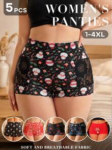 5pcs Women's Plus Size Lace Print Boxer Briefs, Suitable For Halloween And Christmas, Comfortable And Soft Fabric - Multicolor - View 1
