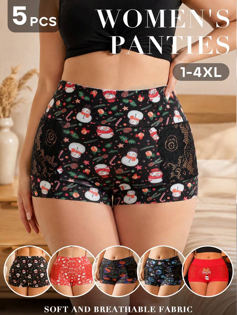 5pcs Women's Plus Size Lace Print Boxer Briefs, Suitable For Halloween And Christmas, Comfortable And Soft Fabric - Multicolor - View 1