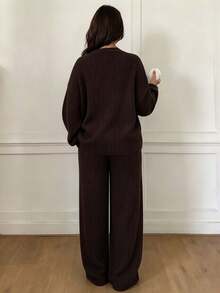 Plus Size Button Contrast Color Willow Stripe Loose Casual Home Knit Sweater Cardigan & Wide Leg Knit Pants Set - Coffee Brown - View 5