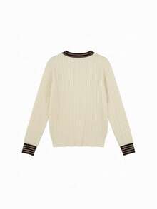 Women's Cute Color-Block Preppy V-Neck Knit Sweater Cardigan, Autumn/Winter - Apricot - View 8