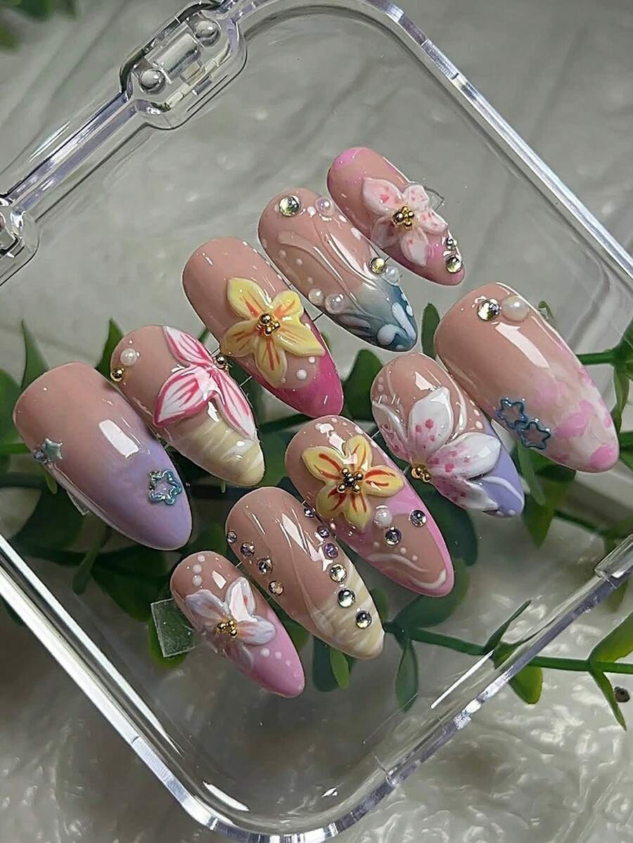 10Pcs Almond Press On Nails,Pink Purple Gradient 3D Hand Painted Lily ...
