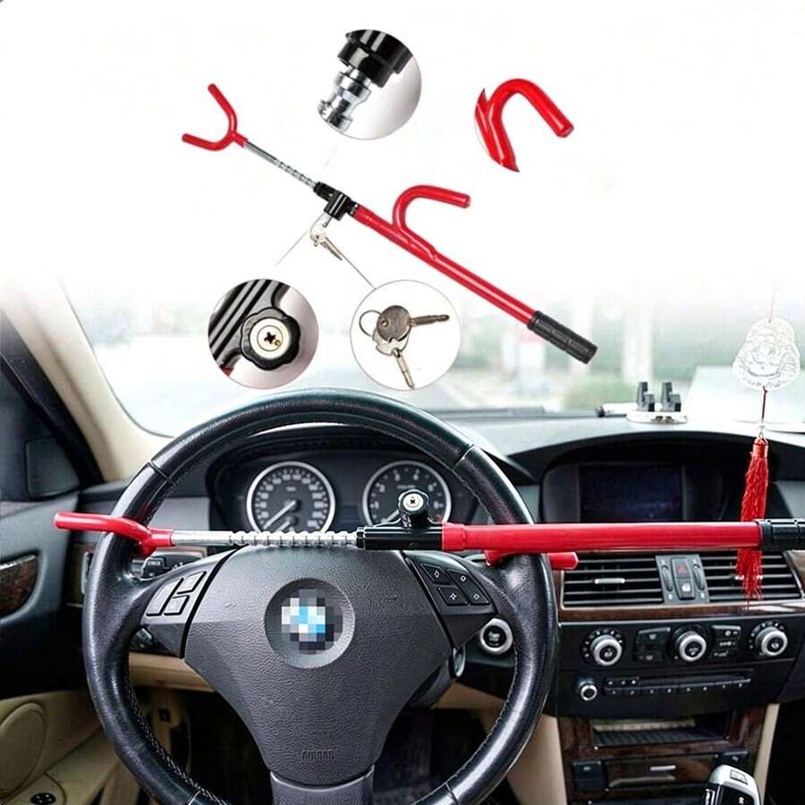 Car Steering Wheel Lock, Hard Steel Metal, Red & Black, Adjustable Length, Anti-Theft Design, Easy Installation, Comes With Matching Keys, Universal Vehicle Security Lock For Most Car Models, Car Anti-Theft Protection Accessory - A - View 1