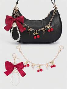 (No Bag) Sweet Pink 2 Pieces Accessory Set, Satin Large Bow Pearl Keychain + Cherry Pendant Metal Chain Charm, Can Be Hung On Bag, Girly Highly Attractive Exquisite Decorative Pendant Set - Red - View 1