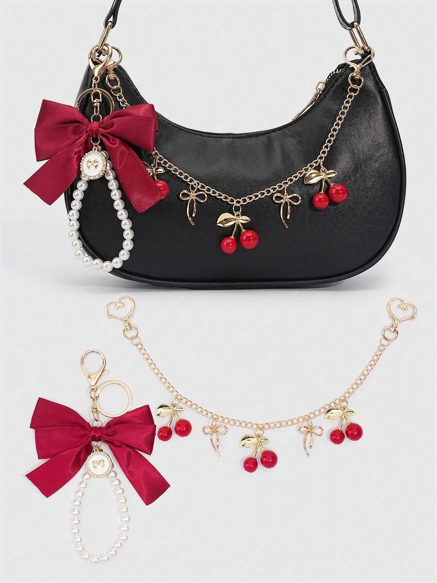 (No Bag) Sweet Pink 2 Pieces Accessory Set, Satin Large Bow Pearl Keychain + Cherry Pendant Metal Chain Charm, Can Be Hung On Bag, Girly Highly Attractive Exquisite Decorative Pendant Set - Red - View 1