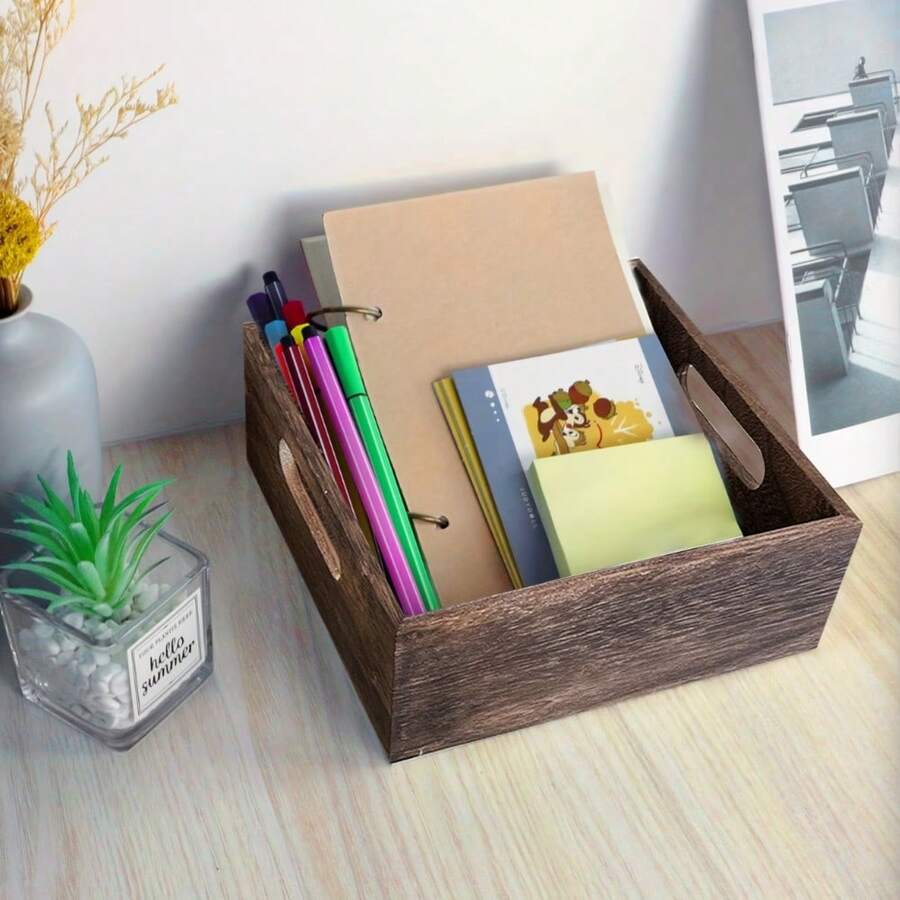 Wooden Desktop File Organizer With Handle Hole Open Design Book & Magazine Storage Office Desk Document Organizer - Multicolor - View 1