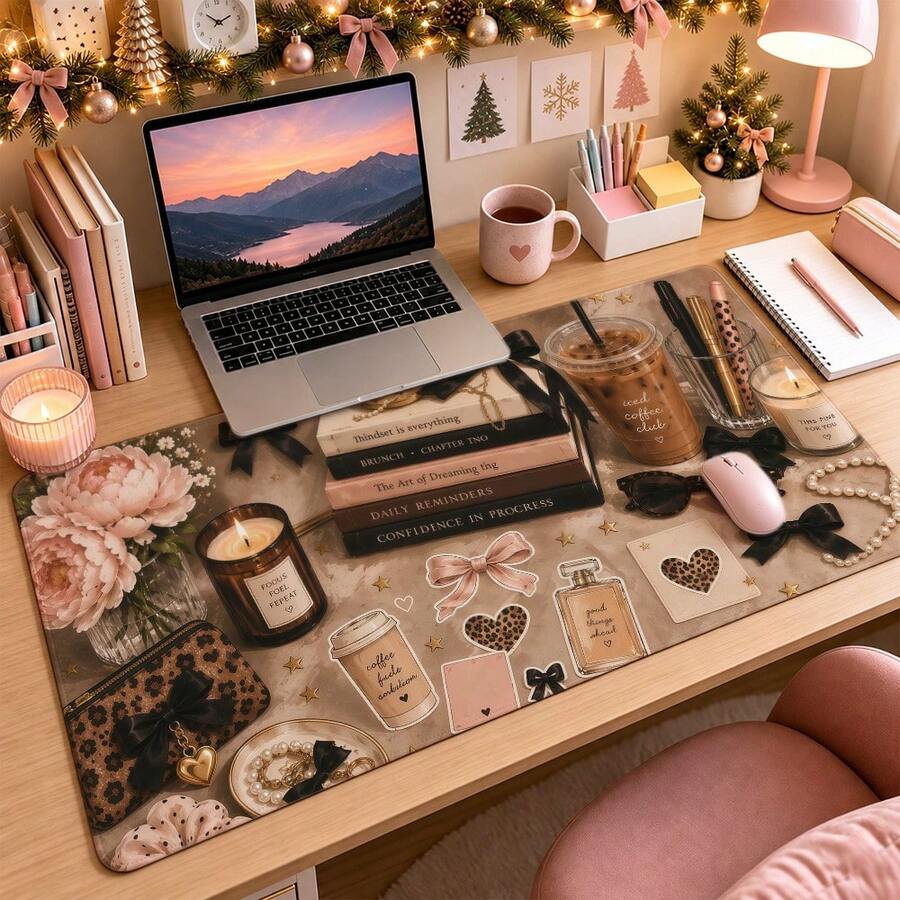 1pc Coquette Pink Peony Large Extended Mouse Pad, Vintage Leopard Print ...