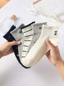 5 Pairs Bowknot And Polka Dot/Striped Pattern Short Socks/Mid-Calf Socks - Breathable No-Show Socks Suitable For Daily Wear, White And Black - Multicolor - View 2