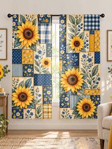 2pcs, Patchwork Plaid Sunflower Pattern Printed Curtains, Single-Sided Printing, Semi-Sheer - Rod Pocket Curtains, Bedroom Living Room Kitchen Decor, Multiple Sizes Available, Privacy Protection Machine Washable, Fade-Resistant Curtains (Rod Not Included) - A - View 7