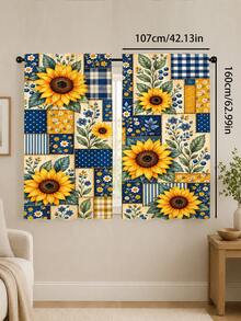 2pcs, Patchwork Plaid Sunflower Pattern Printed Curtains, Single-Sided Printing, Semi-Sheer - Rod Pocket Curtains, Bedroom Living Room Kitchen Decor, Multiple Sizes Available, Privacy Protection Machine Washable, Fade-Resistant Curtains (Rod Not Included) - A - View 12