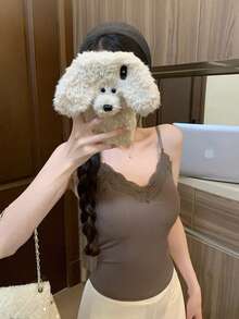 Sexy Lace Patchwork Padded Camisole Tank Top, Slim Fit Thin Fleece Base Layer For Innerwear And Outerwear - Brown - View 4