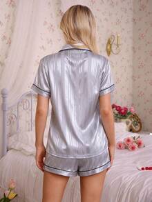 2pcs Satin Striped Print Pajama Set, Cute Lapel Button Short Sleeve Top And Bow Shorts, Women's Sleepwear And Loungewear - Grey - View 2