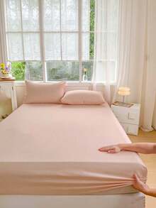 Camel Color Brushed Skin-Friendly Soft Comfortable 3 Pieces Fitted Sheet Set - Pink - View 3