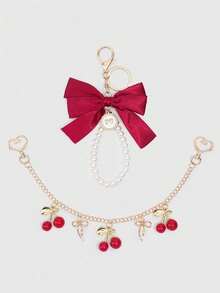 (No Bag) Sweet Pink 2 Pieces Accessory Set, Satin Large Bow Pearl Keychain + Cherry Pendant Metal Chain Charm, Can Be Hung On Bag, Girly Highly Attractive Exquisite Decorative Pendant Set - Red - View 5