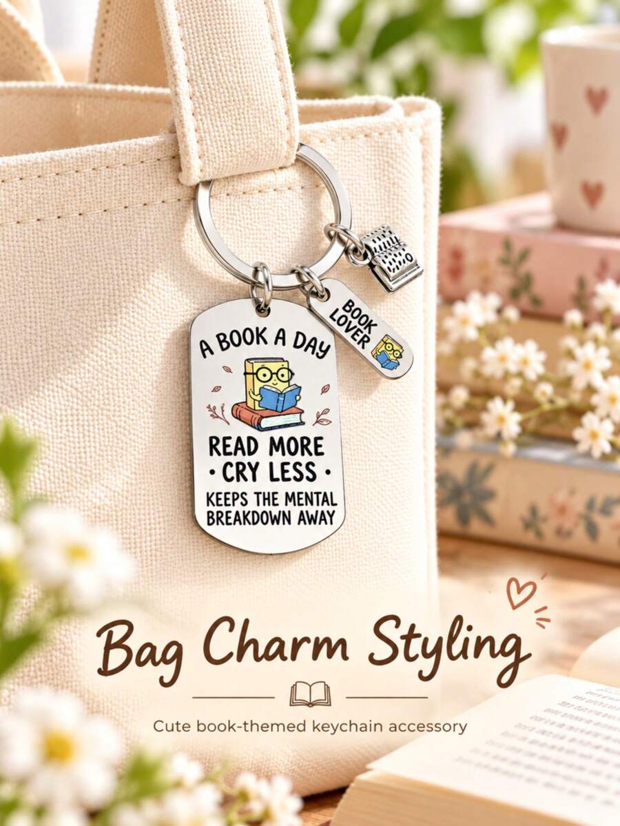 Book Lover Keychain, A Book A Day Read More Cry Less Quote Dog Tag Key Ring, Mini Book Charm, Bookworm Bag Charm Accessories
