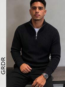GRDR Herrtröja i svart med hög krage, halv dragkedja, grov ribbstickad stickning, enfärgad texturerad slim fit långärmad pullover, höst/vinter - Svart - Visa 4
