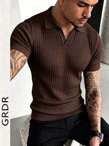 GRDR Men's Summer Knit Polo Shirt, Solid Color Short Sleeve Knitted Collar, Suitable For Summer Outings, Essential For Fashionable Outfit - Brown - View 3