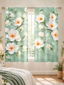 2pcs, Fresh Green Background White Magnolia Flower Pattern Printed Curtains, Single-Sided Printing, Semi-Sheer - Rod Pocket Curtains, Bedroom Living Room Kitchen Decoration, Multiple Sizes Available, Privacy Protection Machine Washable, Fade-Resistant Curtains (Rod Not Included) - A - View 8
