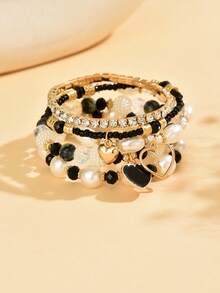 5pcs Women's Gold Heart Pendant Bracelet Set, Black & White Pearl Beaded Layered Bracelets, Elegant Rhinestone Jewelry, Suitable For Daily Wear And Gifting - Black - View 4