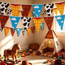 60pcs Cow Print Cowboy Hat Cloud Shaped Triangle Flags And Paper Banners, Western Cowboy Theme Decoration Flags Garland - View 4
