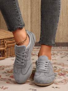 Women's New Flat Low-Top Lace-Up Soft Sole Casual Shoes, Minimalist Solid Color Lightweight Daily Commute Sneakers - Grey - View 12
