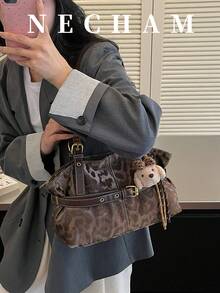 1件韓式波點高吸引力小眾肩背包 精緻扣環設計托特包（不含吊飾） - 棕色 - 查看 4