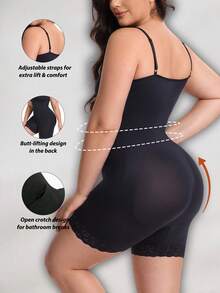 1pc Plus Size Women's Seamless Lace Jumpsuit, Tummy Control, Waist Shaping, Bust Lift And Butt Lift Design - Black - View 2
